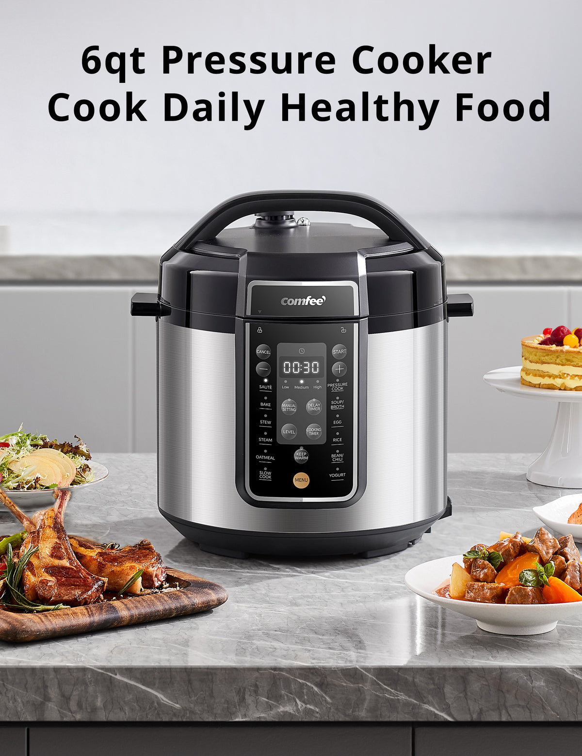 comfee 6qt pressure cooker on the table next to various foods