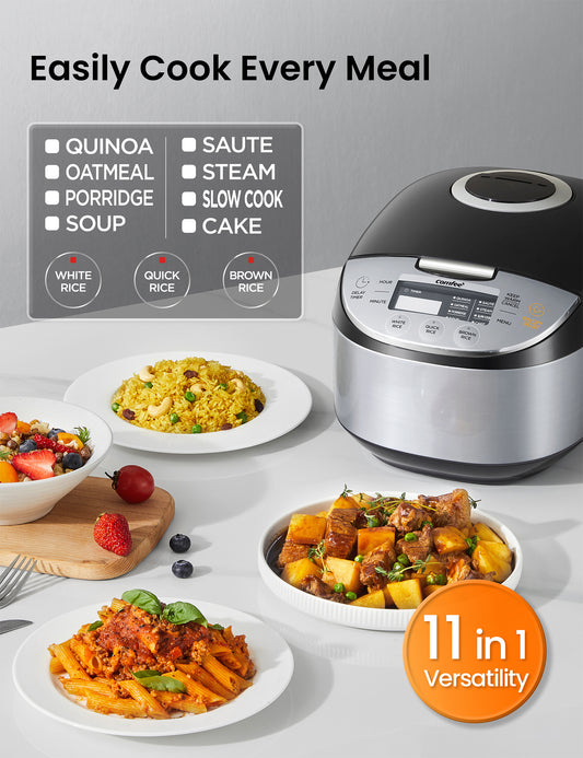 comfee rice cooker surrounded by various foods
