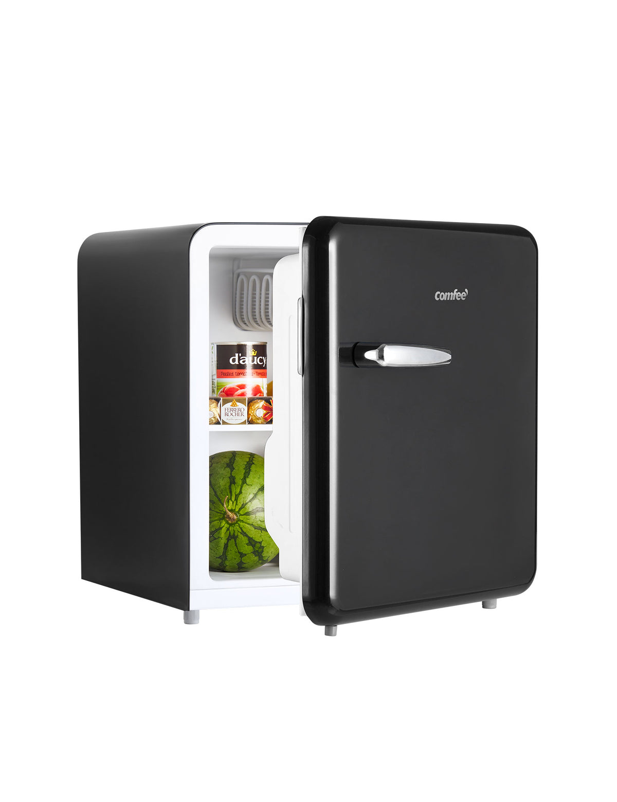 half open retro style comfee mini refrigerator with a watermelon inside