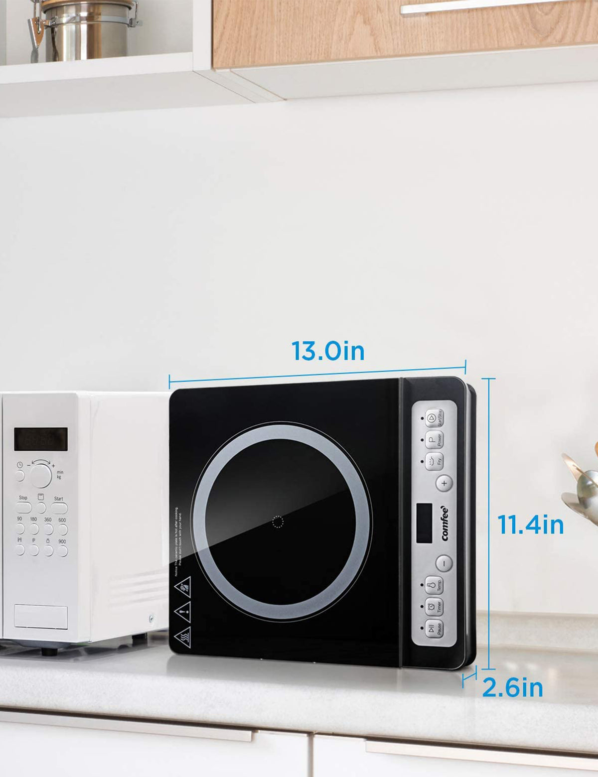 measurements of the comfee electric induction cooktop on a kitchen countertop