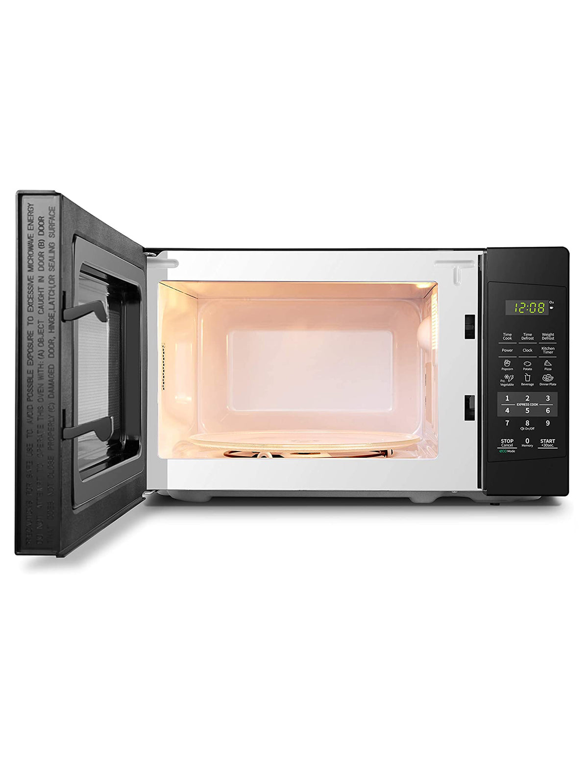 small black comfee microwave oven with its door wide open