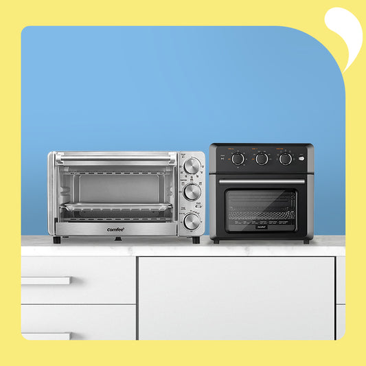 stainless steel toaster oven and black retro air fryer toaster oven on the table