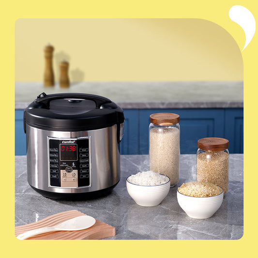 two bowls of rice behind comfee rice cooker