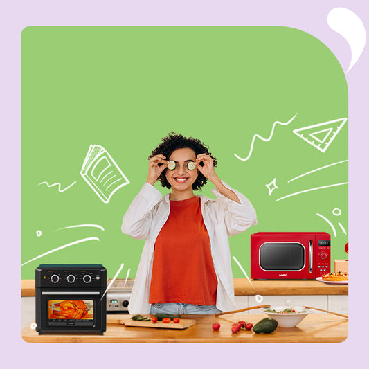 a woman with microwave and toaster oven