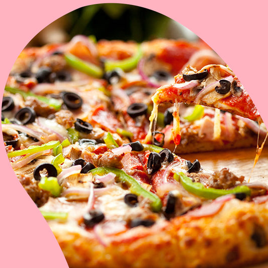 pizza with olives and green peppers on top