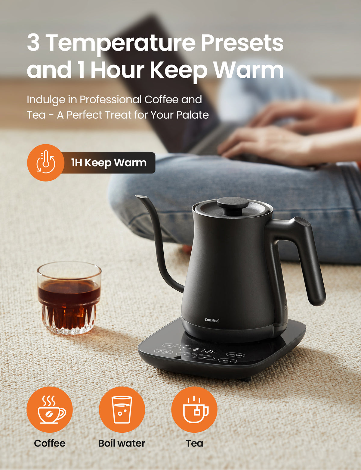 A person works beside Comfee gooseneck kettle and tea