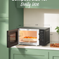 Dimension display of an opened microwave, showing interior space and size details.