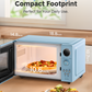 comfee microwave with open door, showing interior space and size dimensions