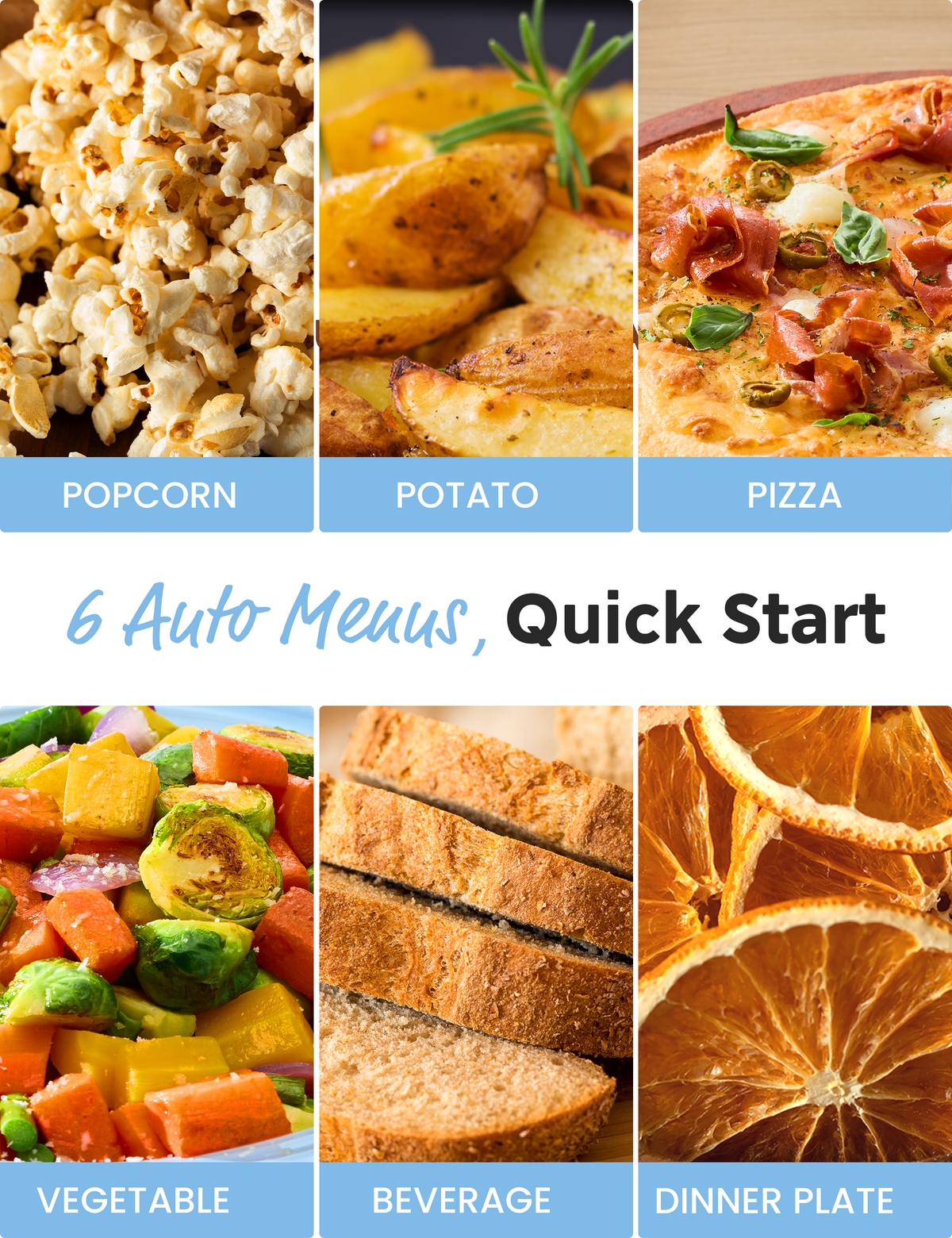 Various foods (popcorn, potato, pizza, etc.) made by comfee microwave.