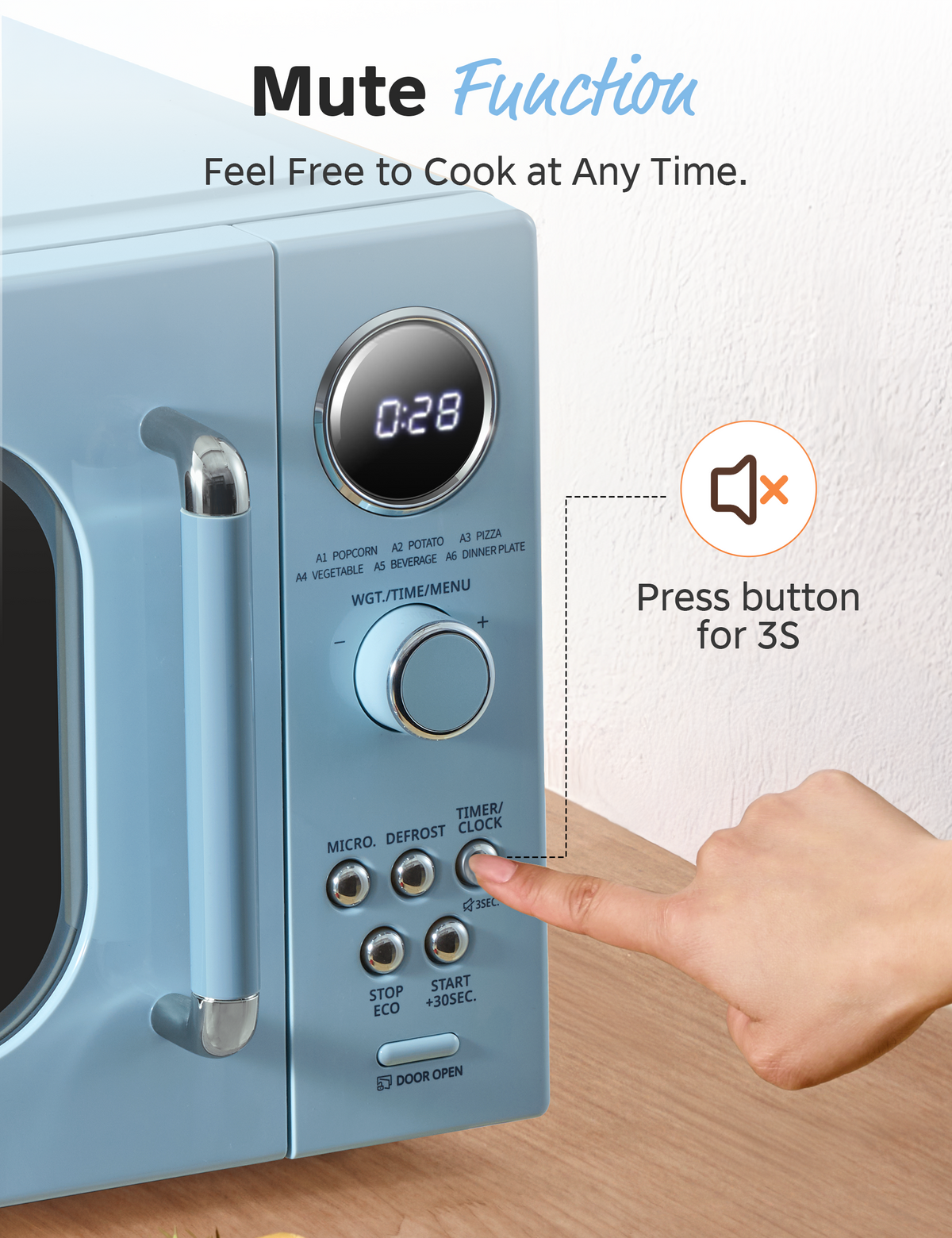 Someone's hand pressing microwave button