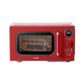 Front view of red microwave, displaying working status.