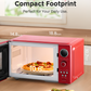 Red microwave with open door, showing interior space and size dimensions