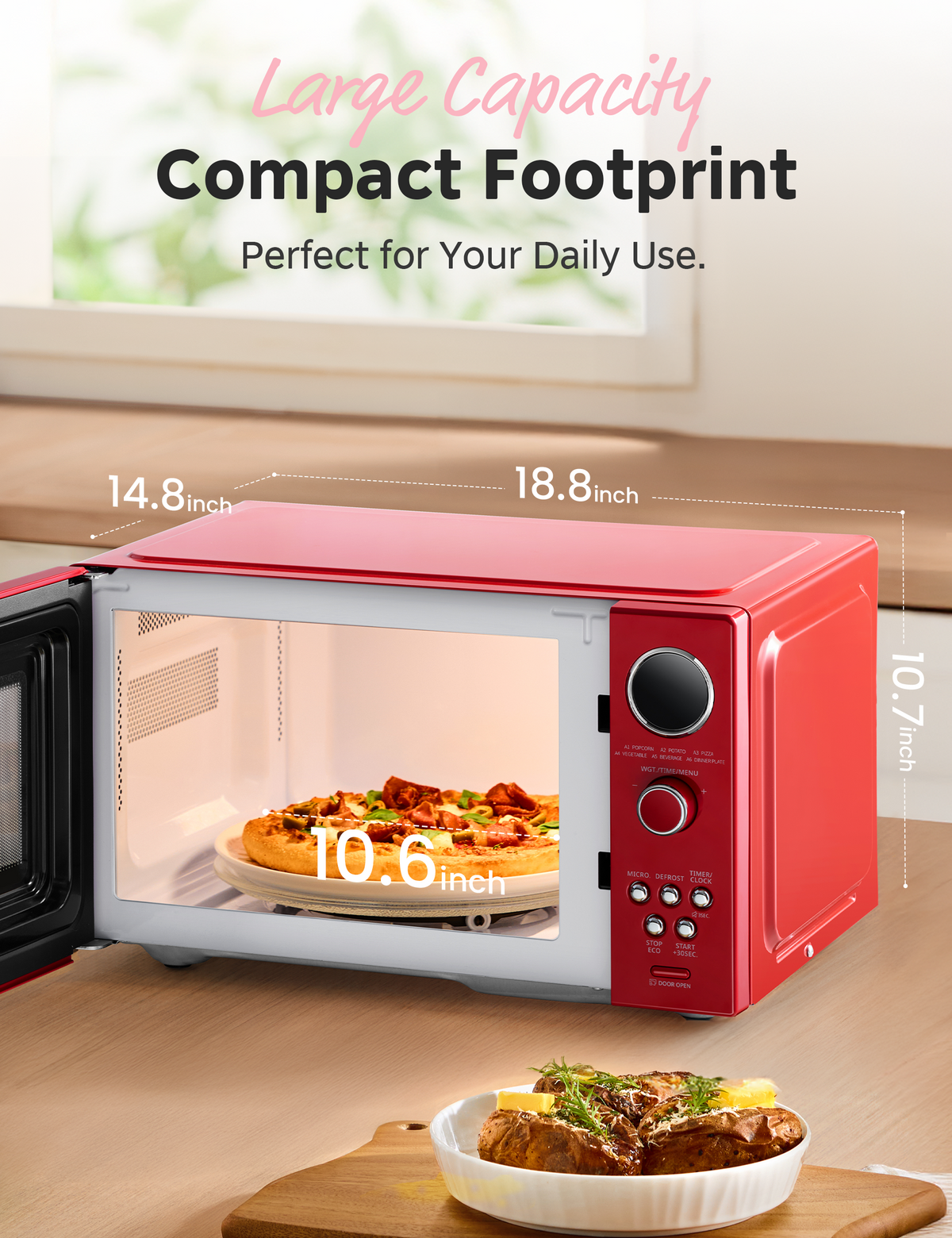 Red microwave with open door, showing interior space and size dimensions