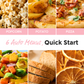 Various foods (popcorn, potato, pizza, etc.), indicating microwave’s 6 auto menus for different recipes.