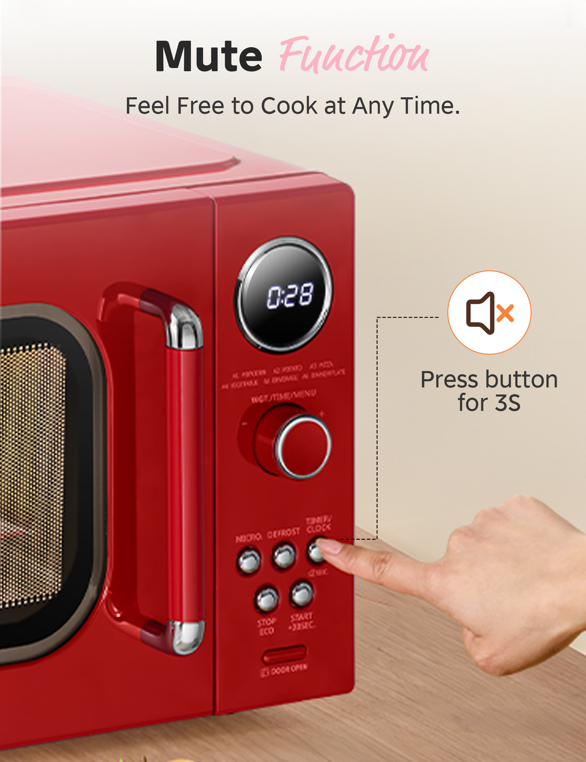 Hand pressing microwave button, demonstrating mute function operation for silent cooking.