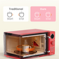 Microwave interior with turntable, visualizing turntable reset function comparison (traditional vs. new).