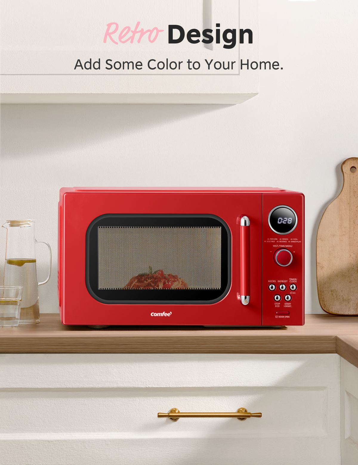 Red microwave with retro design, placed in kitchen setting.