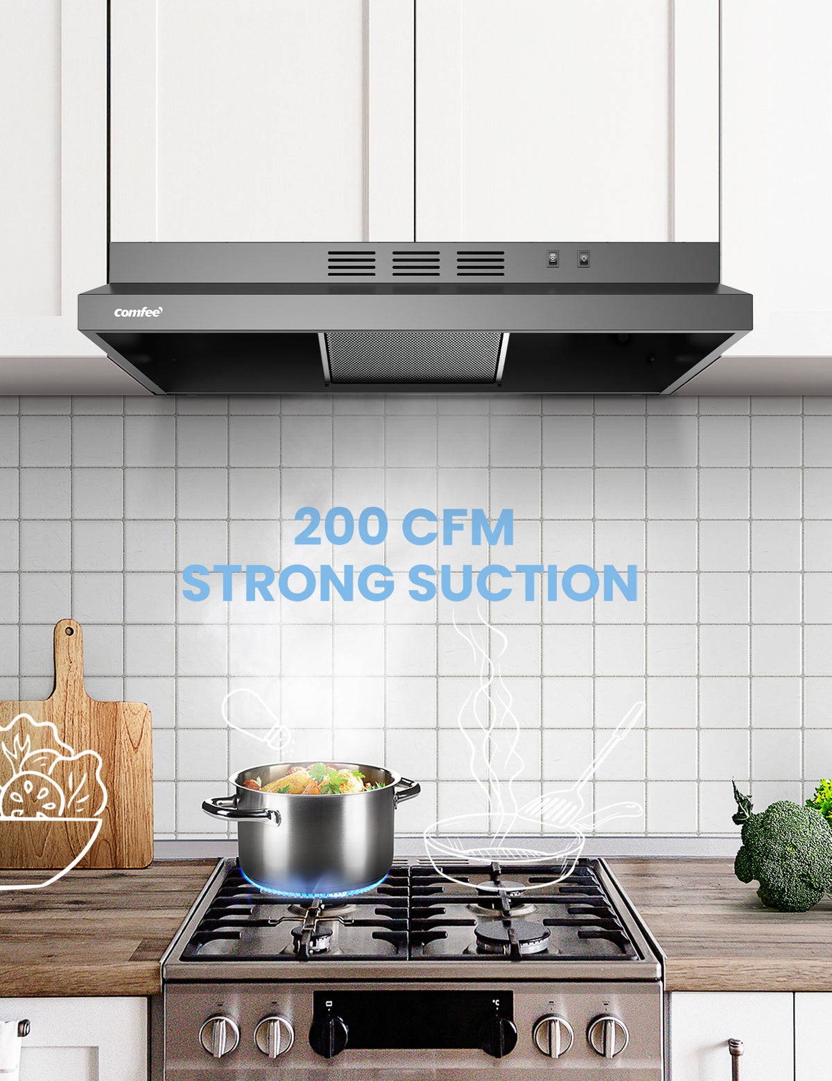 ductless range hood in a kitchen under a cabinet sucking smoke from a pot on a stove