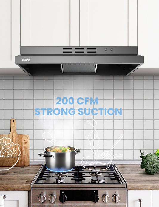 ductless range hood in a kitchen under a cabinet sucking smoke from a pot on a stove