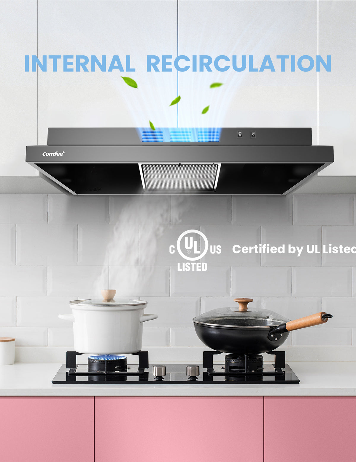 comfee ductless range hood under a white cabinet filtering air from a pot on a stovetop