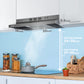 slim ductless hood attached to a kitchen cabinet above an electric stovetop