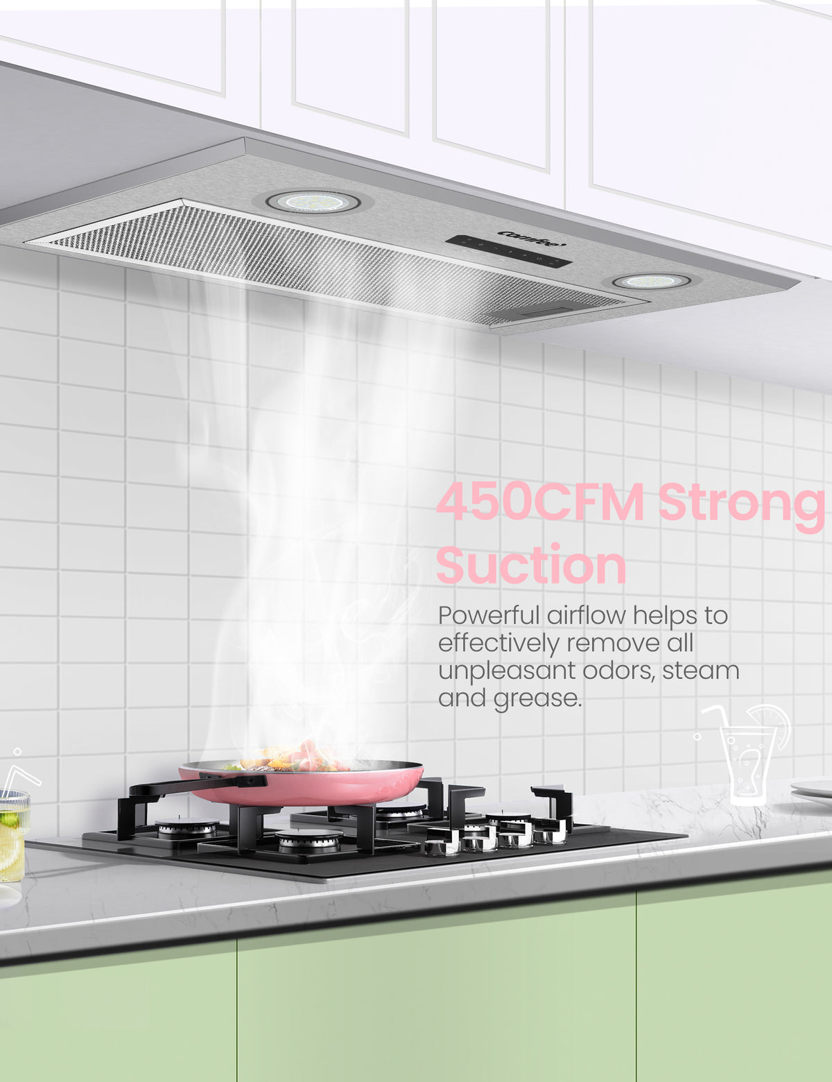 Comfee range hood sucking smoke from a boiling pot on a oven