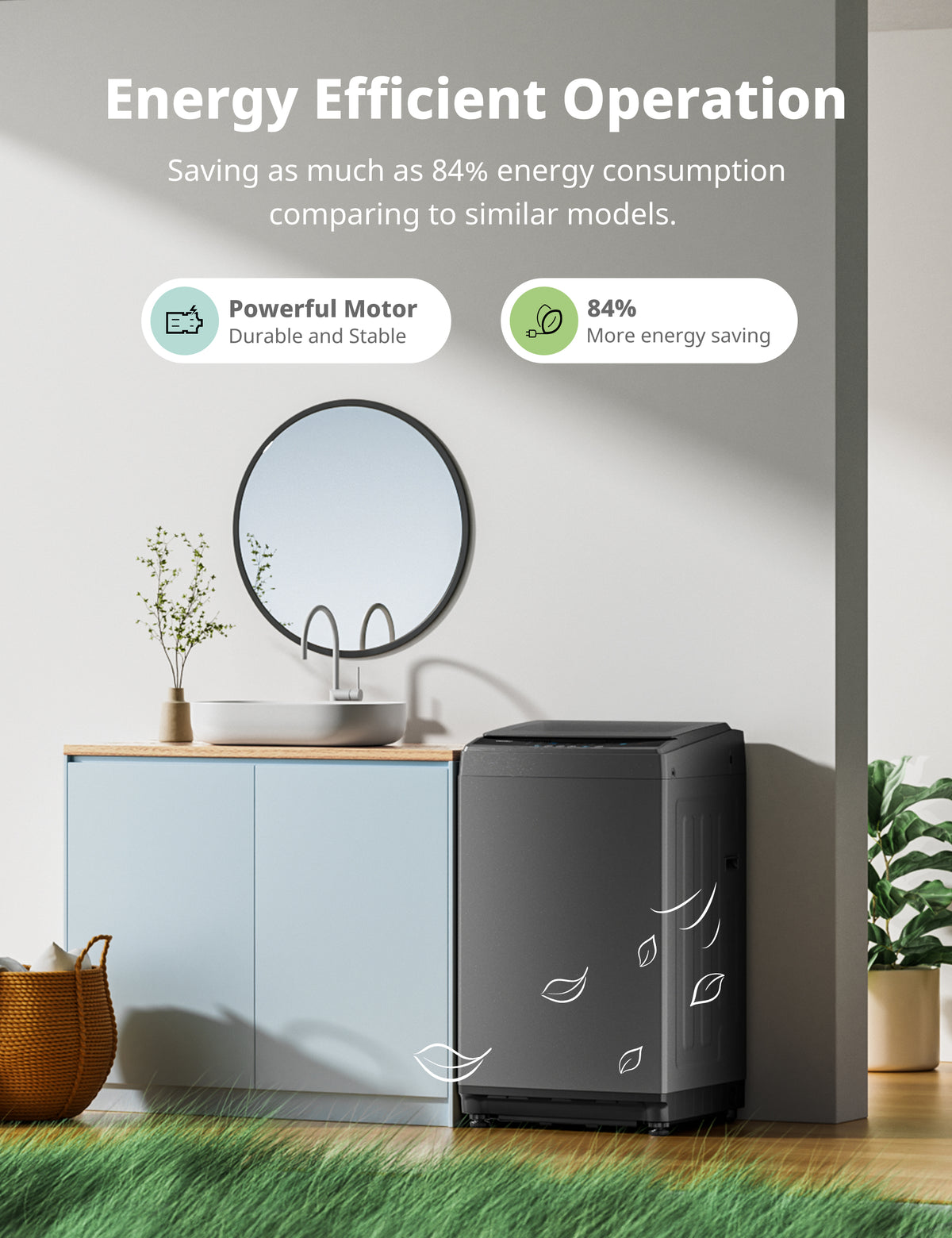 comfee grey washing machine in a modern bathroom