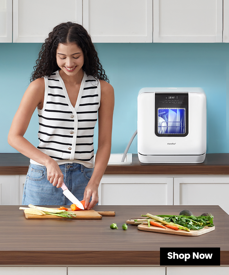 Comfee white 5l countertop dishwasher on the table
