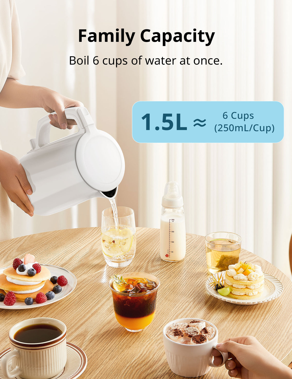 Someone uses an electric kettle to pour water for multiple cups, highlighting family-sized capacity.