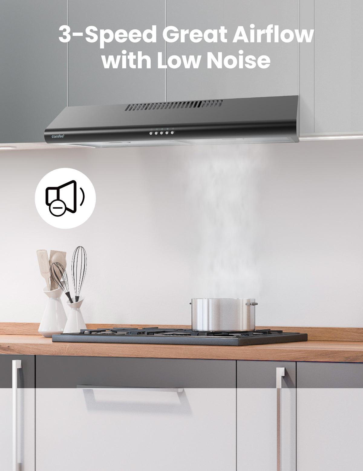 comfee under cabinet range hood sucking smoke from a cooking pot