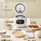 comfee mini rice cooker with rice inside surrounded by various meals