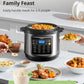 comfee pressure cooker with rice inside surrounded by various meals