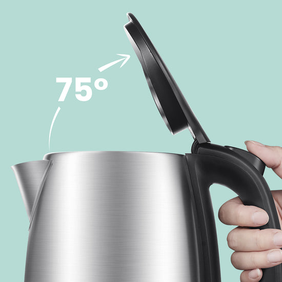 one hand presses the button and the kettle lid opens