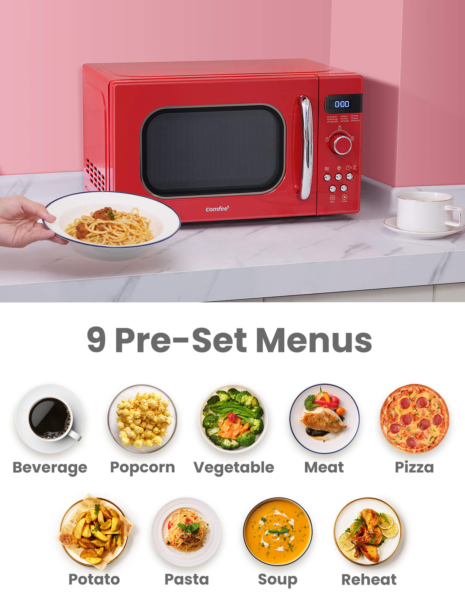 a plate of pasta next to the red microwave