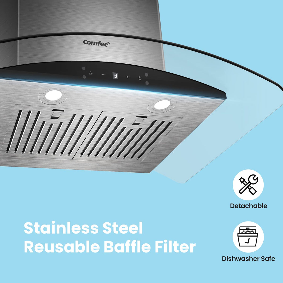 comfee curved glass range hood with stainless steel design