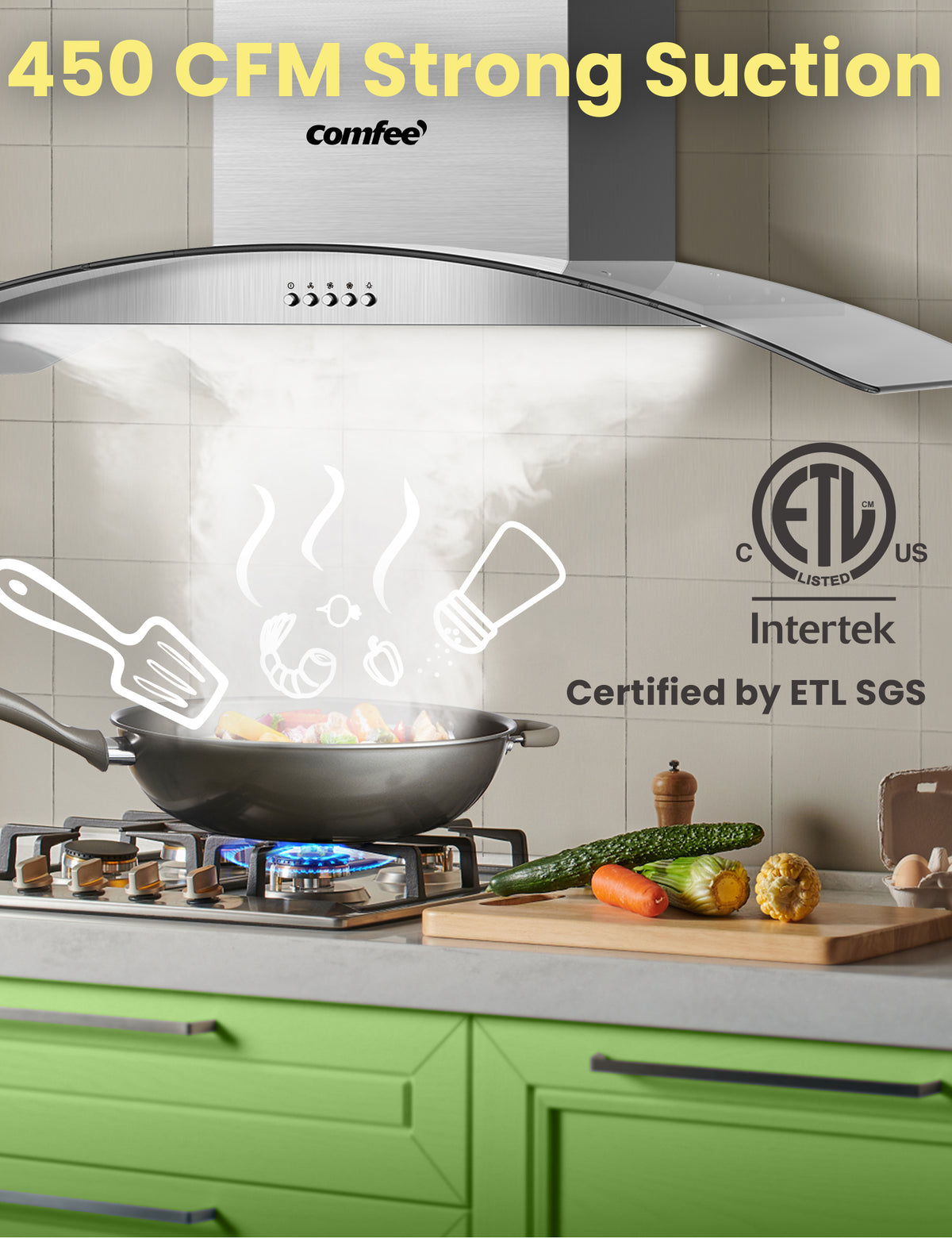 comfee under cabinet range hood sucking steam from a pot of food on a stove
