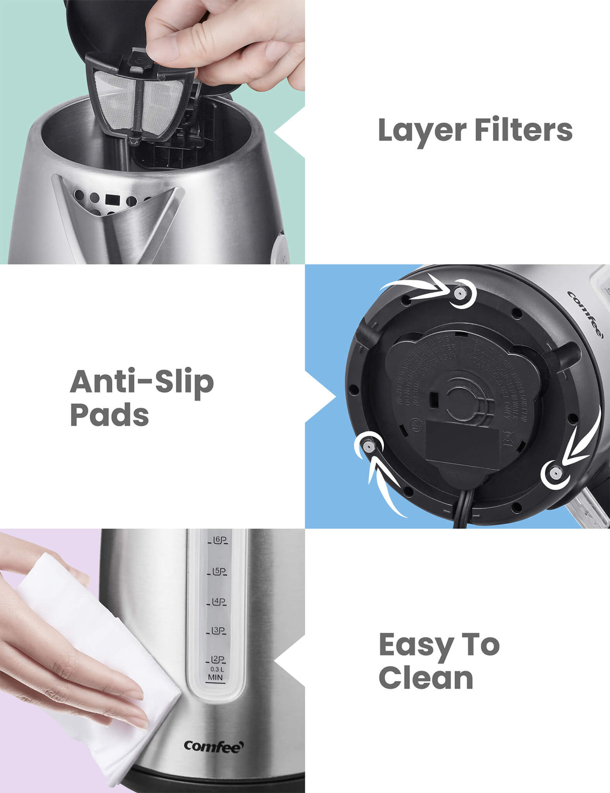 three features of comfee stainless steel electric kettle