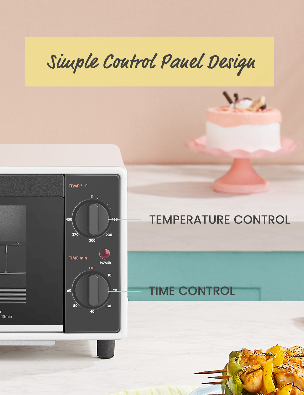 2 knobs control of mini countertop toaster oven