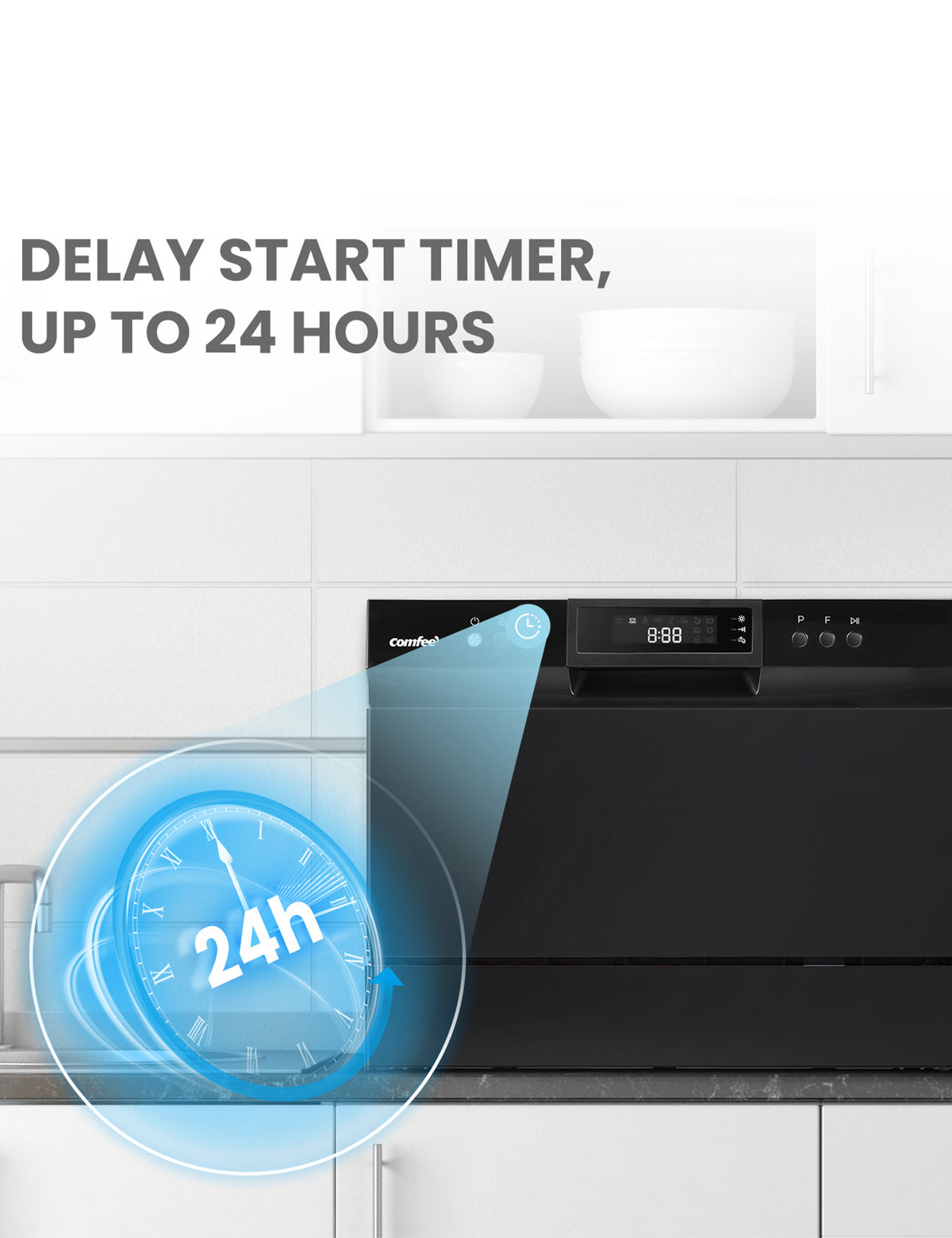 black portable dishwasher on top of kitchen countertop