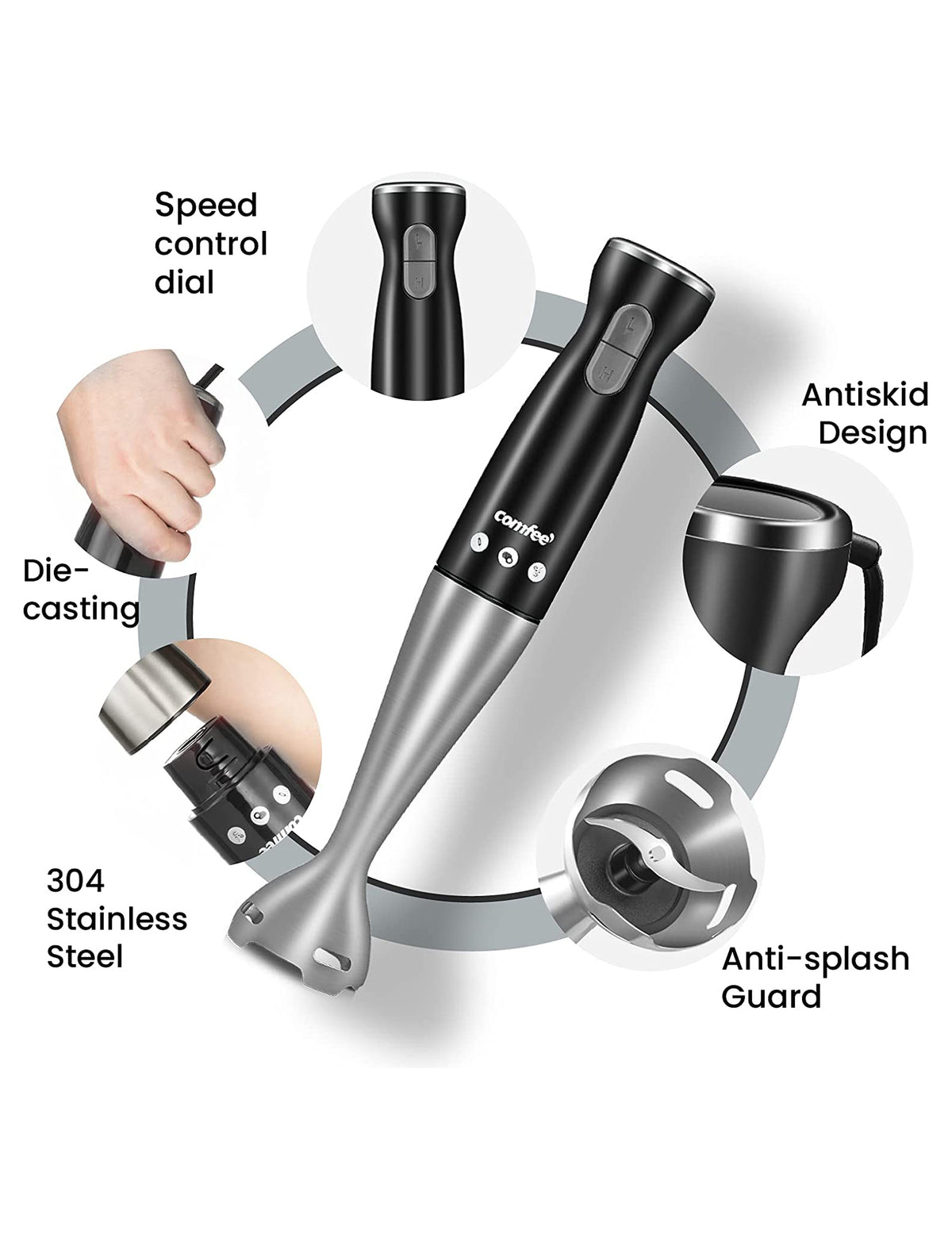 features of the black comfee immersion hand blender