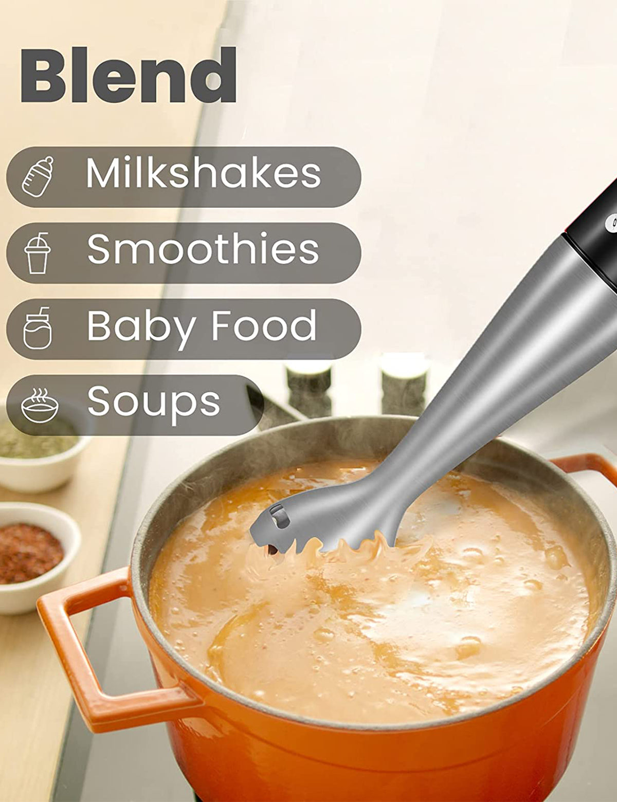comfee immersion hand blender whisking eggs in a orange pot