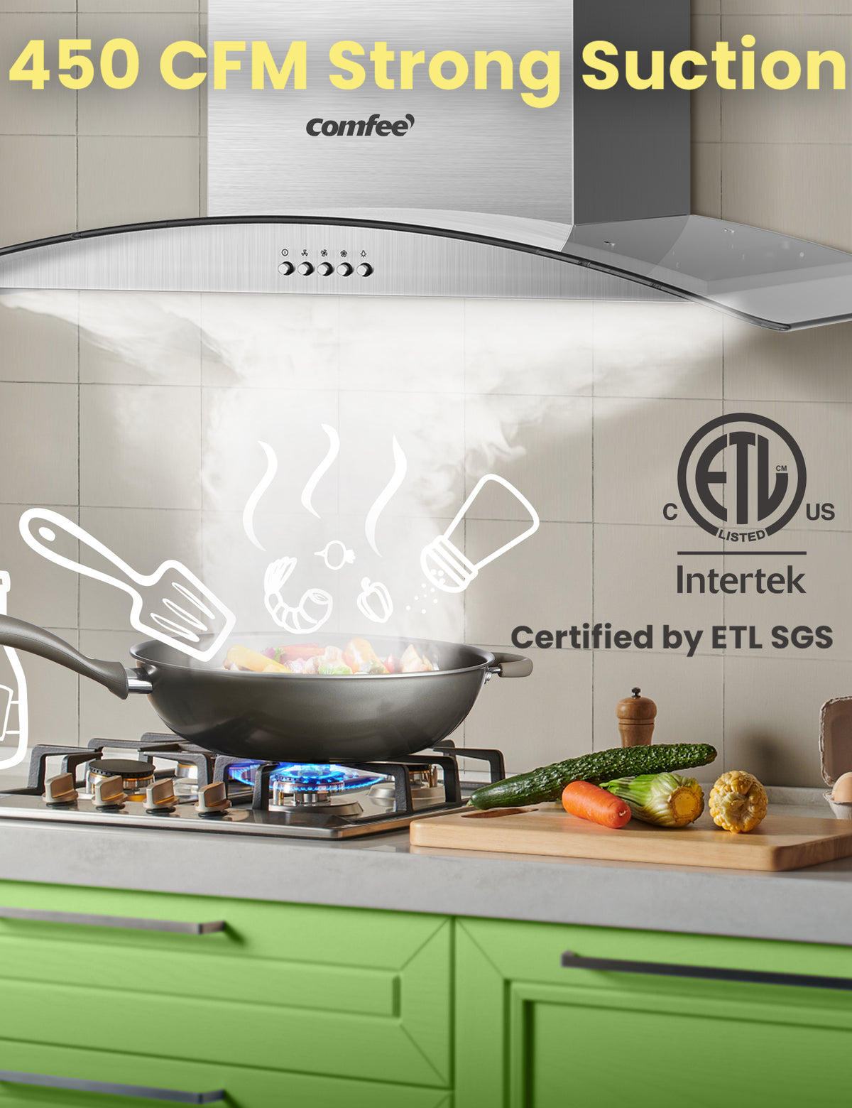 comfee under cabinet range hood sucking steam from a pot of food on a stove