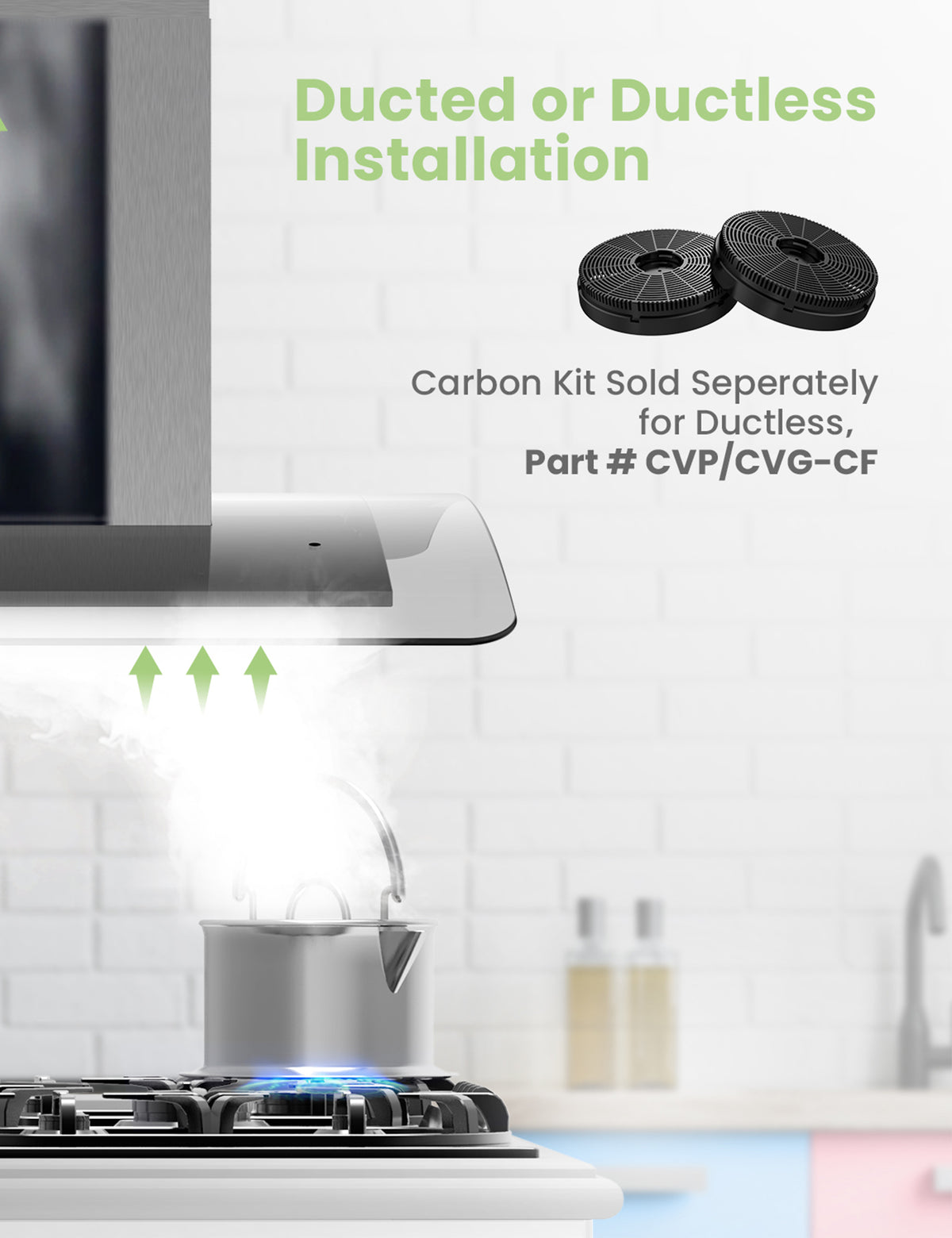 comfee glass range hood sucking steam from boiling pot on a oven