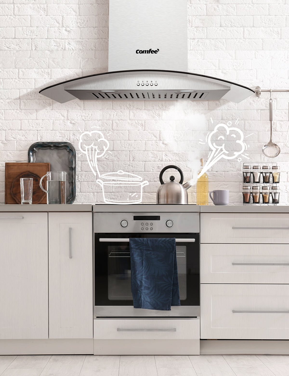 wall mount comfee curved glass range hood in a modern white kitchen