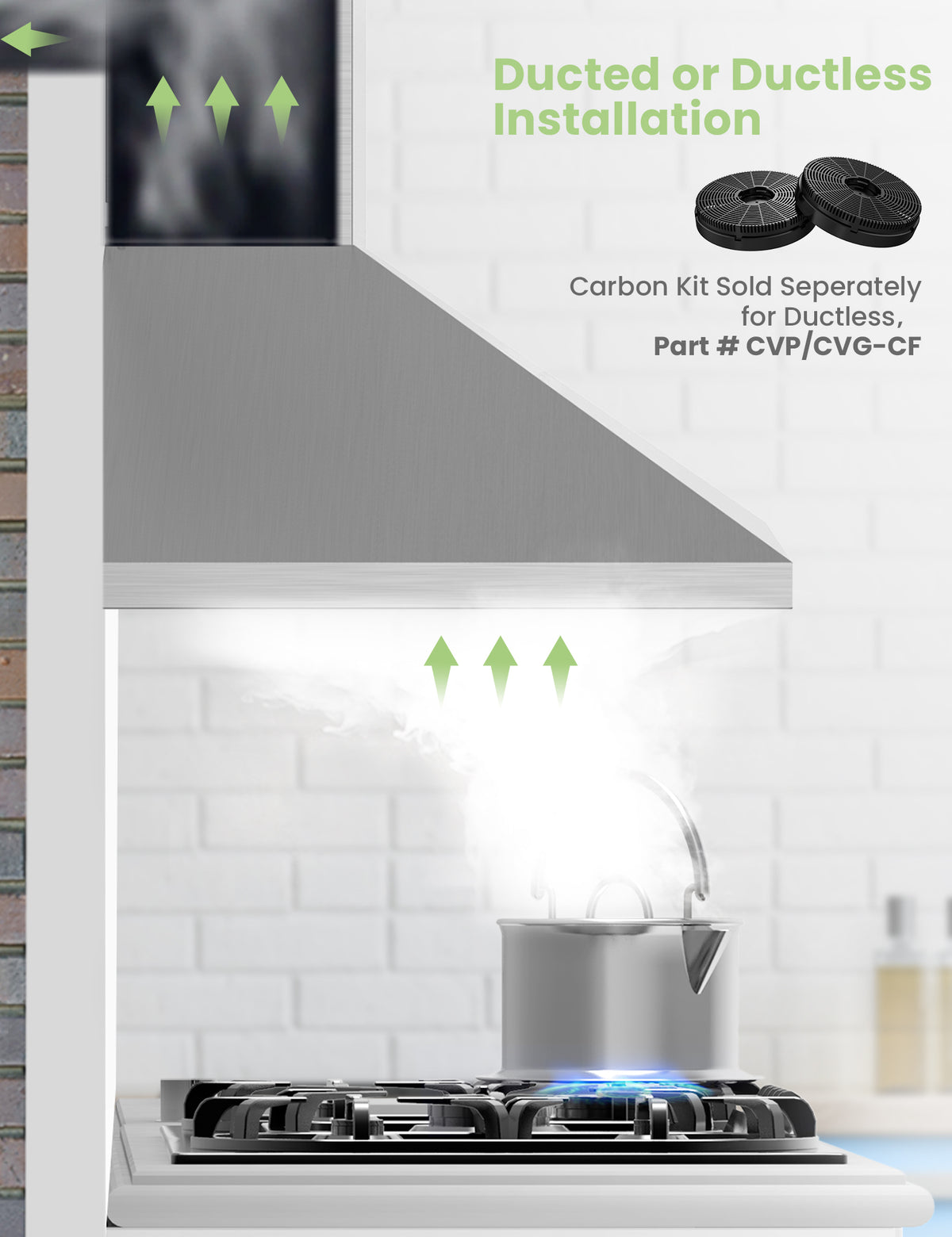 wall mount ducted range hood sucking smoke from a kettle on a oven