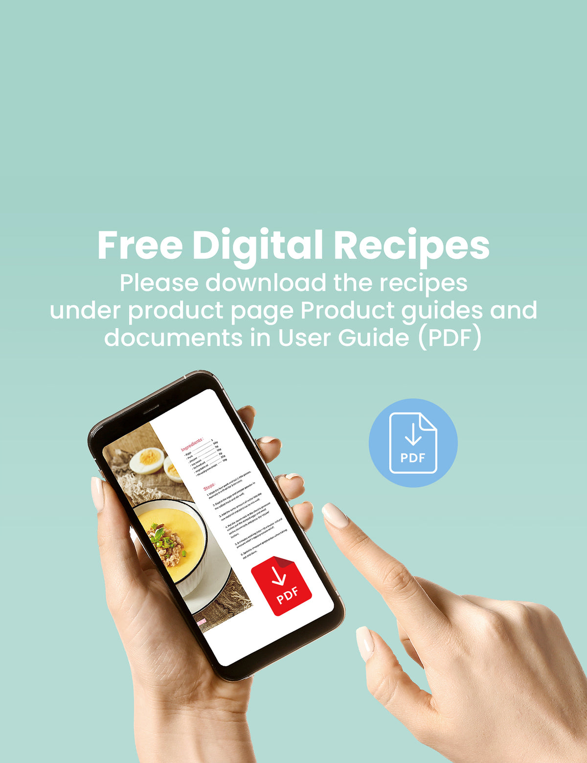 hands using a smartphone downloading recipe guides