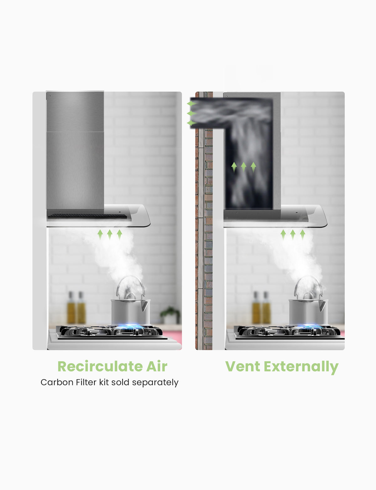 wall mounted range hood vent sucking smoke from a boiling pot
