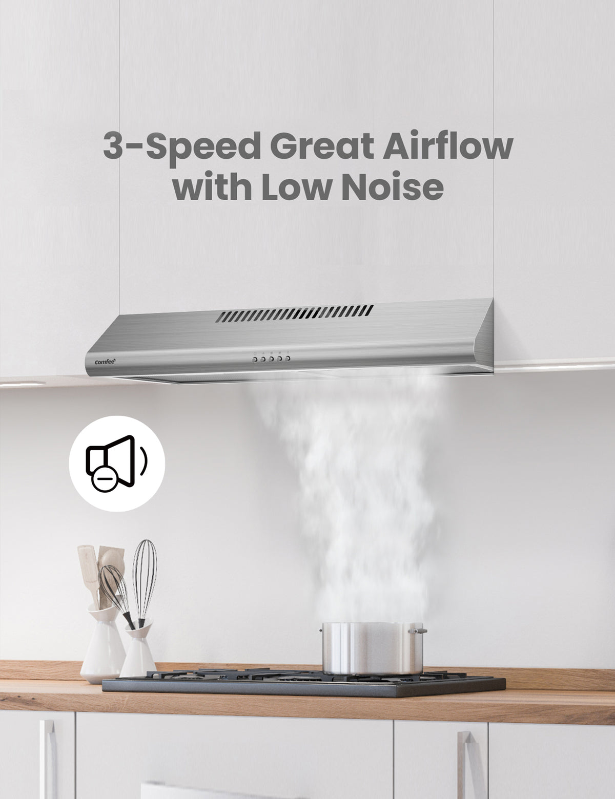 comfee under cabinet range hood sucking smoke from a cooking pot