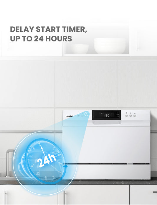 small white portable dishwasher on top of kitchen countertop